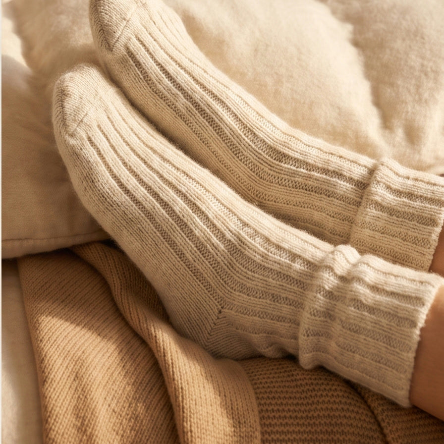 Pieds en chaussettes d'alpaga écru dans un lit aux tons chauds